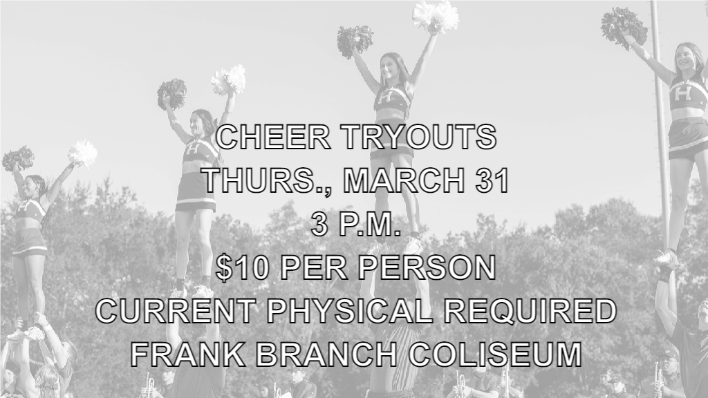 Cheer tryouts set for Thursday, March 31 in Frank Branch Coliseum